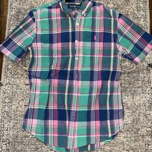 Ralph Lauren blue, green, pink checker button down collared short sleeve shirt